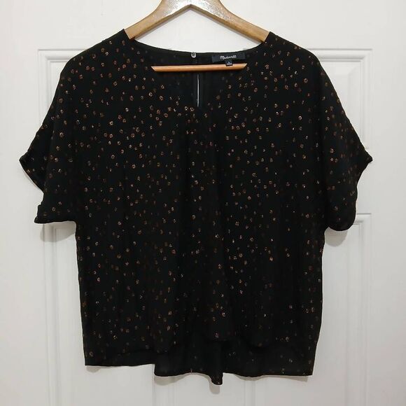 Madewell womens medium viscose silk boxy flare top black rust brown Swiss dot - Picture 1 of 6